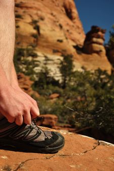 Tying Hiking Shoe In Zion National Park Royalty Free Stock Image Tying Hiking Shoe In Zion National Park Royalty Free Stock Image