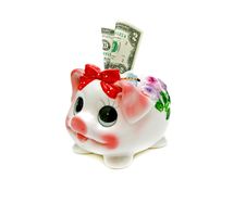 Piggy Bank And $ 2 Bill On White Background Stock Images