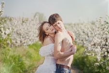 Beautiful Young Couple Kissing In The Flowering Ga Stock Images Beautiful Young Couple Kissing In The Flowering Ga Stock Images