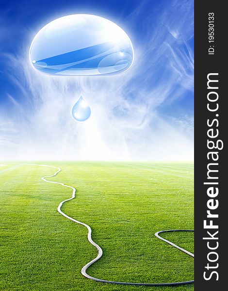 Green field with rubber hose for watering, illustration of water drops in blue sky. Green field with rubber hose for watering, illustration of water drops in blue sky