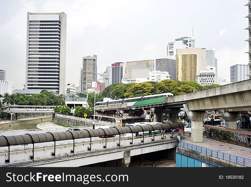 Cityscape with railway and high office buildings in Kuala Lumpur, Malaysia