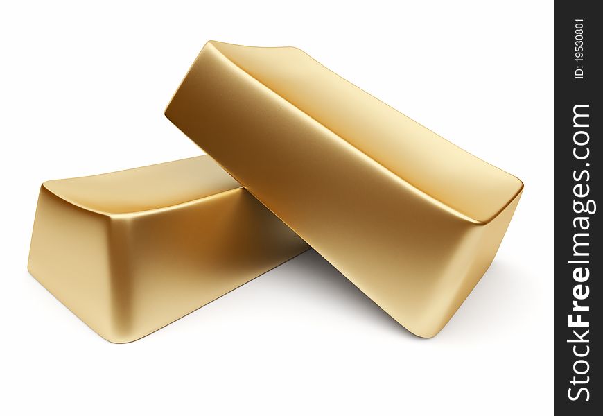 Two gold ingots 3d, isolated on white background