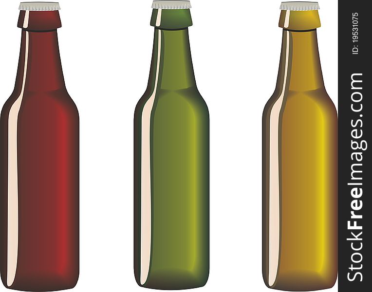 Bottles for beer and other beverages in three colors. Bottles for beer and other beverages in three colors