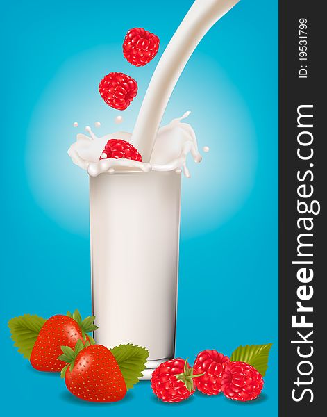 Raspberry and strawberry falling into the milk splash. Vector illustration.