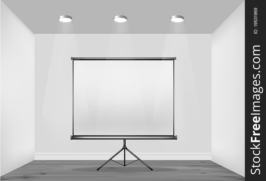 Empty frame on wall with spot lights and wood background. Vector illustration.