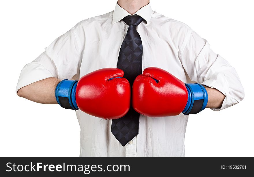 Man wearing white shirt and boxing gloves. Man wearing white shirt and boxing gloves