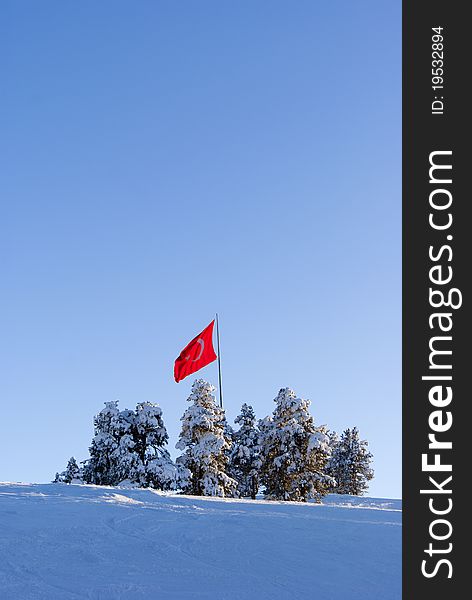 Red flag of Turkey of the top of mountain. Sarikamis.