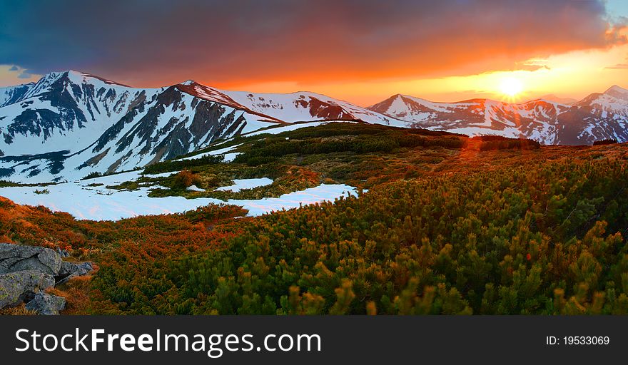 Colorful spring evening in the mountains. Sunset