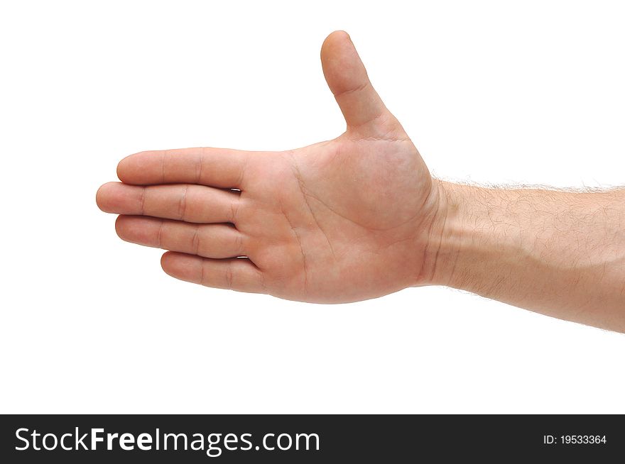 An open male hand, isolated on a white background.