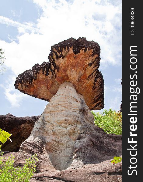 Mushroom stone and blue sky,The Natural Stone as Mushrooms in Pha Taem National Park,Ubonratchathanee Province,Thailand