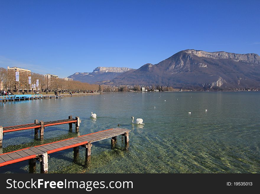 Lake Annecy and birds and sky blue