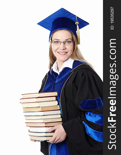 Young girl with books on white background. Young girl with books on white background