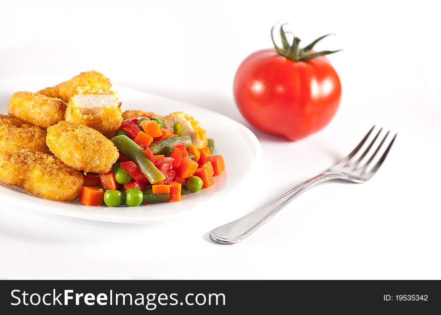 Chicken with side-dish, isolated on white background