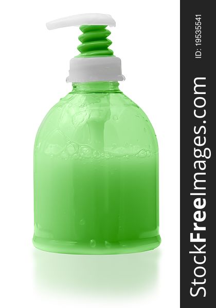 Dispenser bottle of liquid soap.