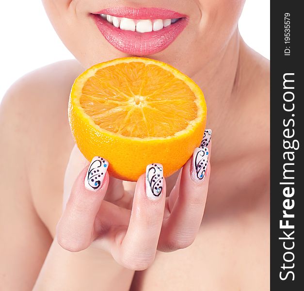 Close up photo of a women with orange