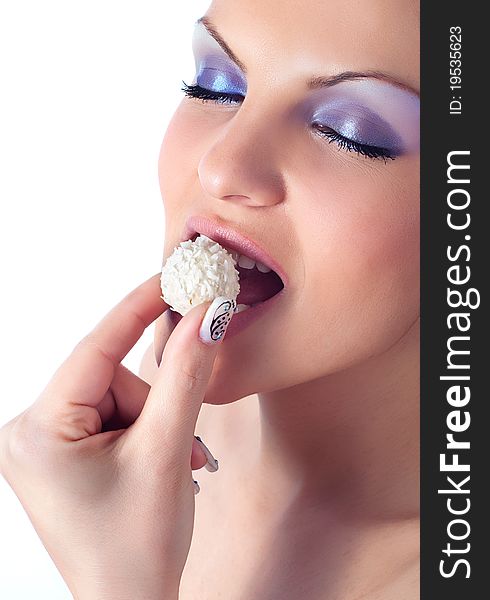 Close up photo of a women with coconut dessert. Close up photo of a women with coconut dessert