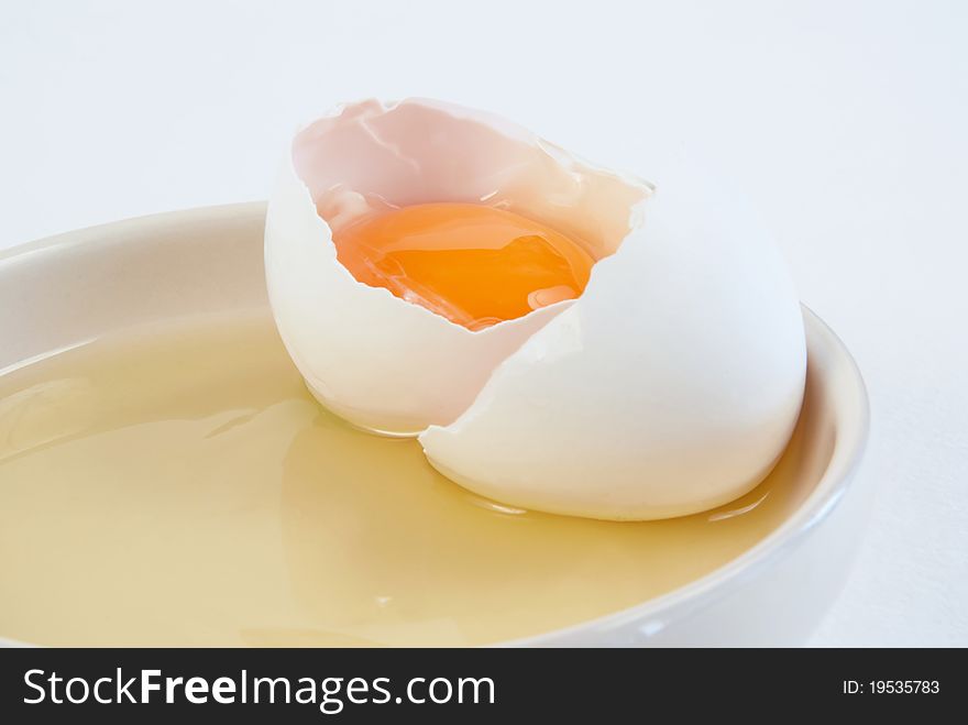 Broken chicken egg and shell with yolk on a saucer. Broken chicken egg and shell with yolk on a saucer