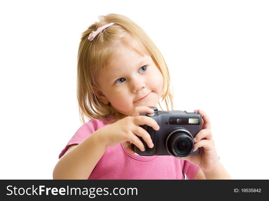 Little girl with digital camera isolated on white