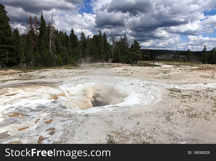 The Old Faithful scenic area, storm coming, South Yellowstone National Park.