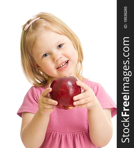 Little girl portrait eating red apple isolated on white