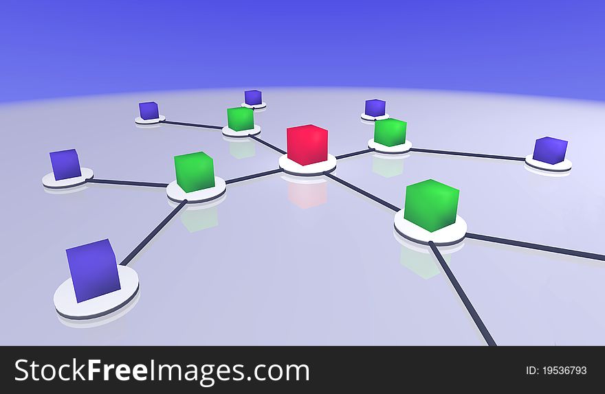 Network of coloured cubes stretching towards the horizon from a central red cube.  Global network, connections.