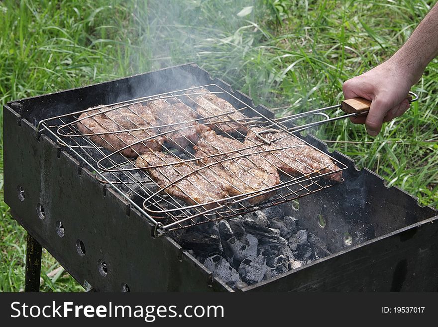 Pork steak prepared on Barbecue grill on nature