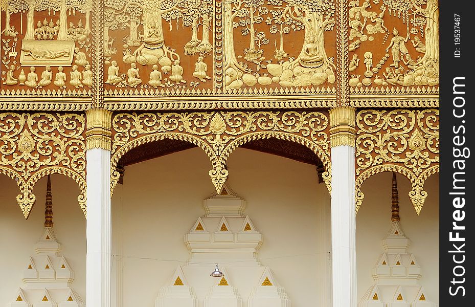 Laos pattern style on church wall , Pha-That Luang Temple , Vientiane, Travel in Laos.