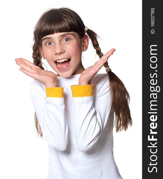 Bright picture of happy smiling girl on white background. Bright picture of happy smiling girl on white background