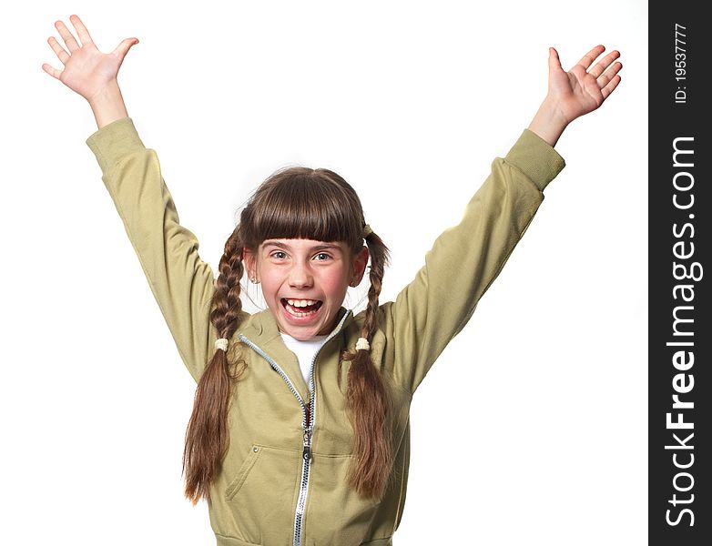 Bright picture of happy smiling girl on white background. Bright picture of happy smiling girl on white background