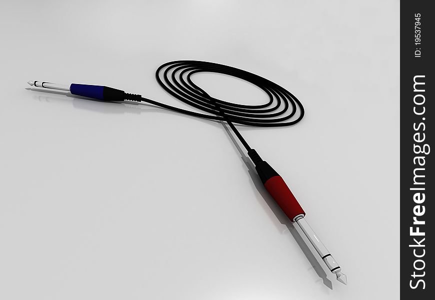 Black wire with two blue and red plugs jack on the white surface. Black wire with two blue and red plugs jack on the white surface