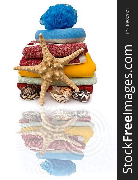 Colorful still life of towels and starfish. Colorful still life of towels and starfish