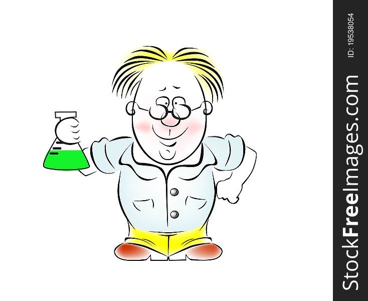 Image of the scientist - a chemist in the glasses with bulb. Image of the scientist - a chemist in the glasses with bulb