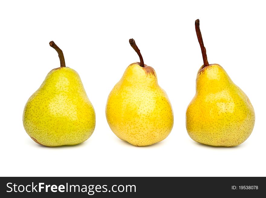 Three Packham pears on a white background