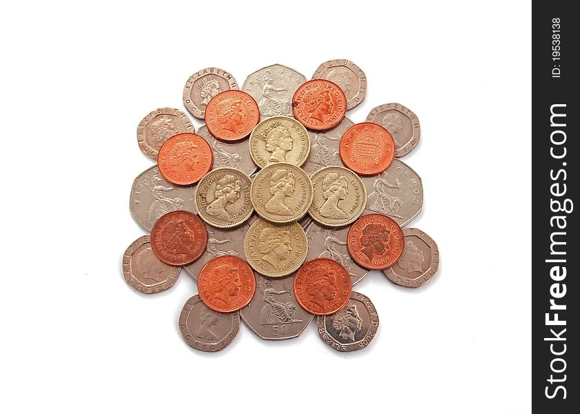 British, UK, coins on a plain white background.