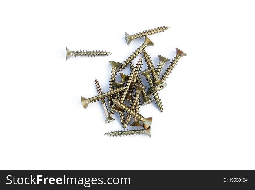 Unsorted wood screws against a white background