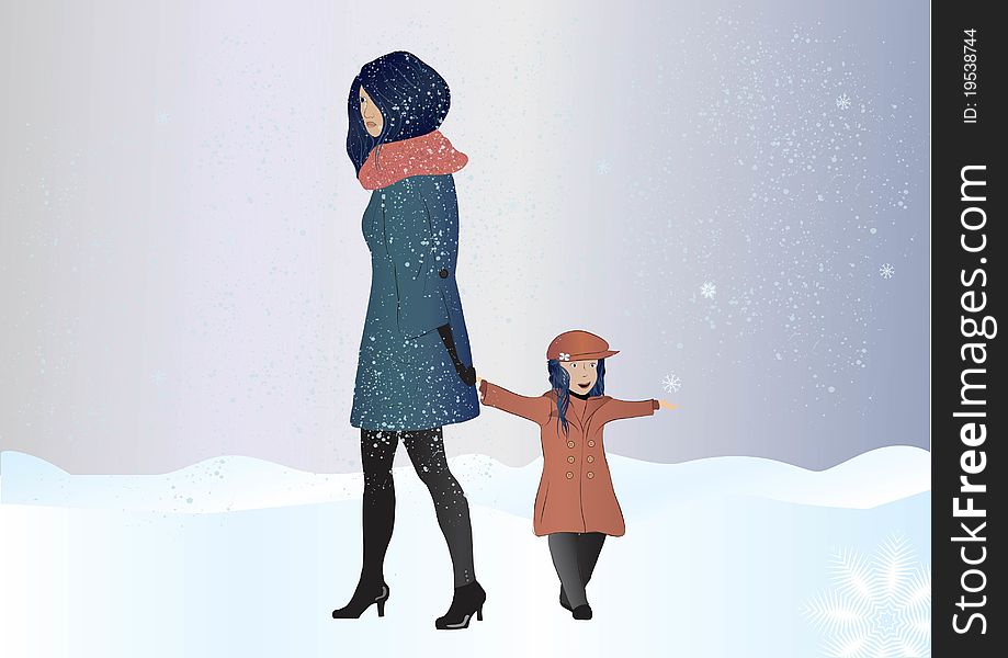 Woman walking in a snow with a daughter