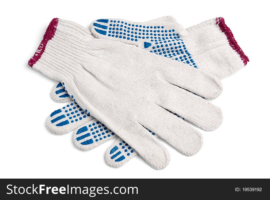 Pair of work gloves arranged in a handshake isolated. Pair of work gloves arranged in a handshake isolated