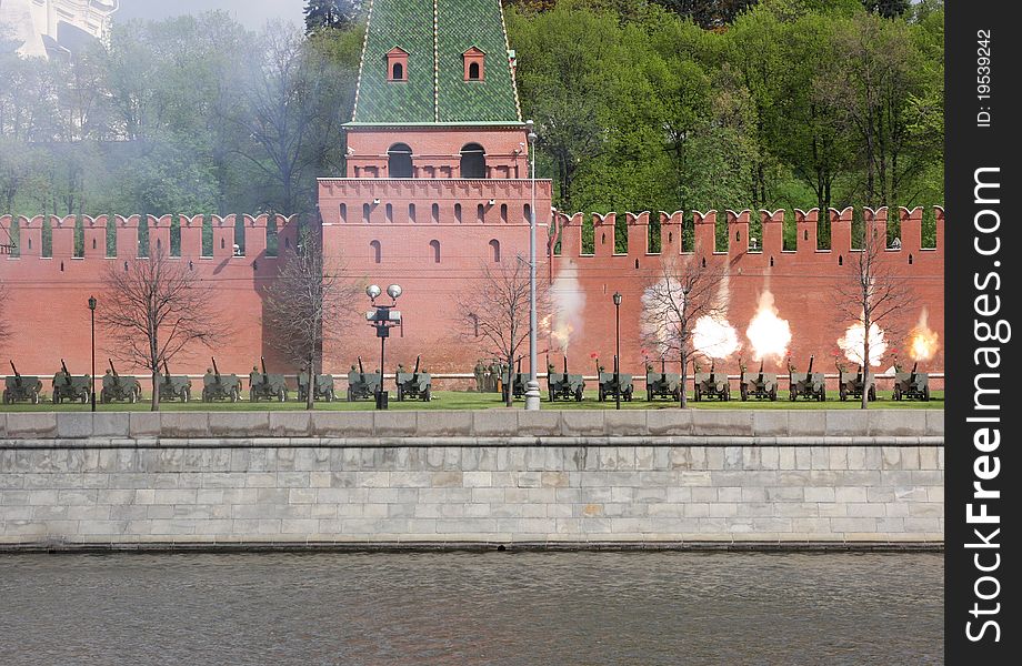 Volley of the artillery battery, during execution of a hymn of Russia on Parade of the Victory, on May, 09th, 2011