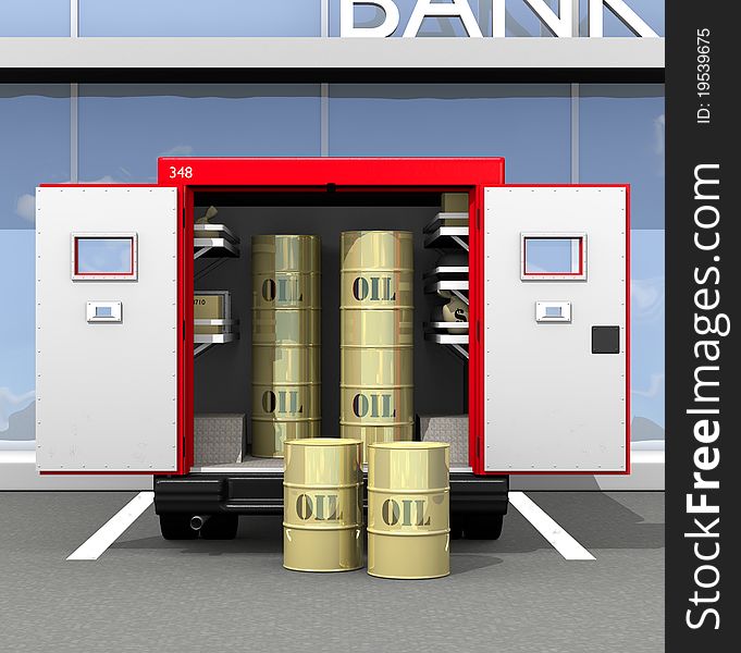 Concept image of oil in golden barrels inside of armored car parked in front of bank.