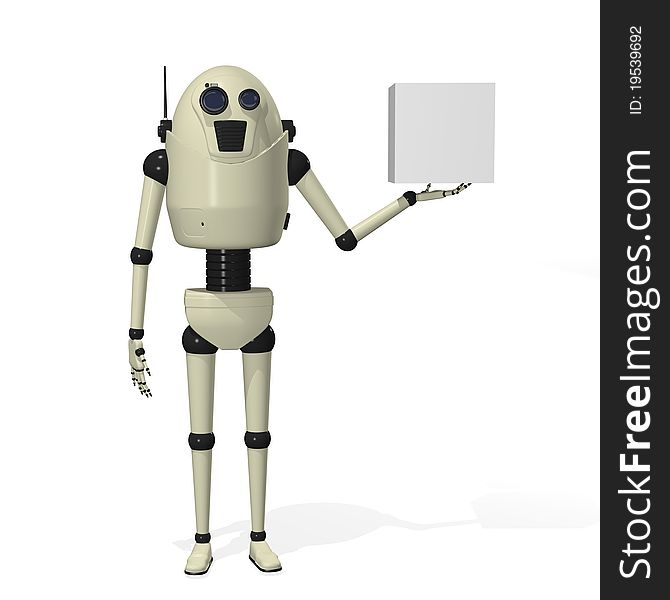 Concept image of robot holding box for business message or product promo.