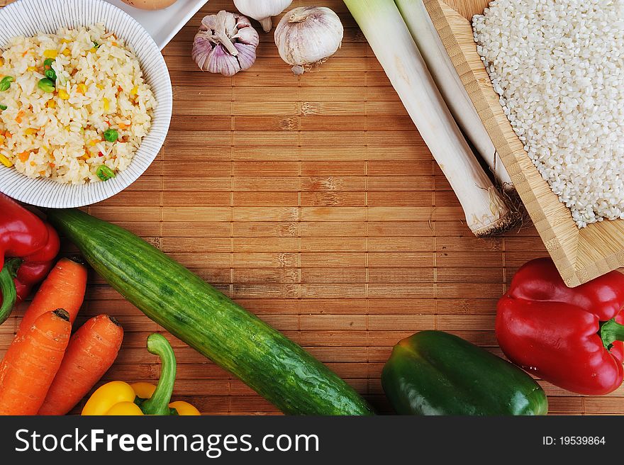 White rice and variety of vegetables for cooking traditional Chinese cuisine. White rice and variety of vegetables for cooking traditional Chinese cuisine