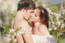 Beautiful Young Couple Kissing In The Flowering Ga Royalty Free Stock Images Beautiful Young Couple Kissing In The Flowering Ga Royalty Free Stock Images