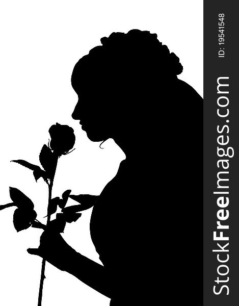 Silhouette of woman in wedding dress with rose