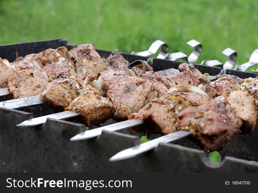 Juicy pork shashlick is prepared on Barbecue on nature