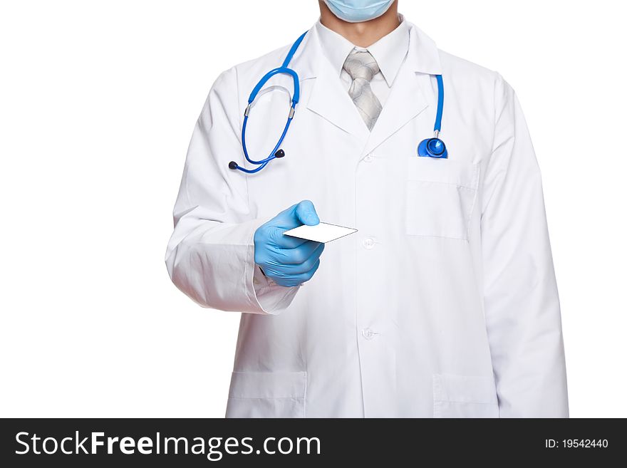 Medical doctor in blue gloves and mask with stethoscopea give blank business card. Isolated over white background. Medical doctor in blue gloves and mask with stethoscopea give blank business card. Isolated over white background.
