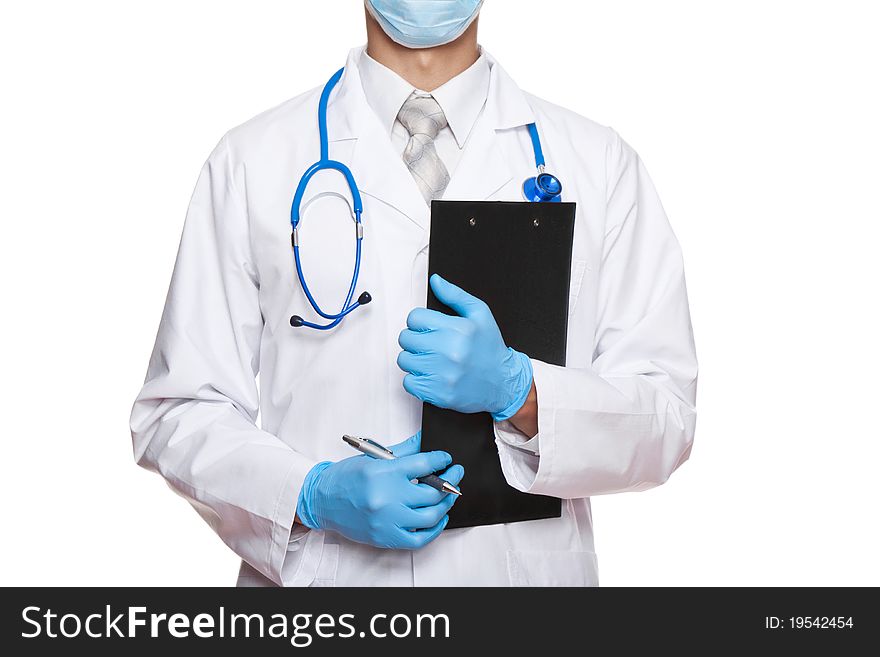 Medical doctor in blue gloves and mask with stethoscope and clipboard writing. Isolated over white background. Medical doctor in blue gloves and mask with stethoscope and clipboard writing. Isolated over white background.