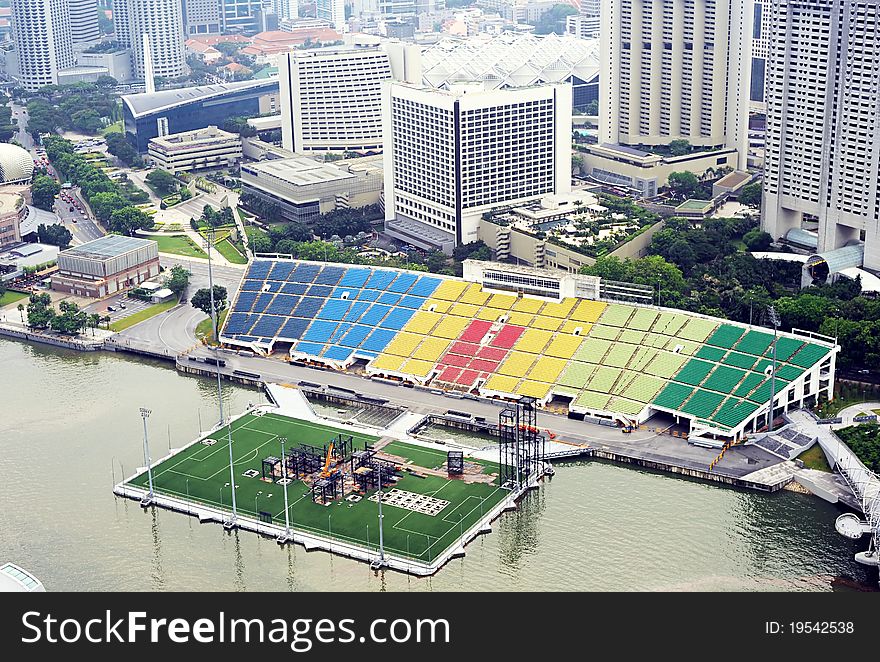 Aerial view of Singapore with construstion site of soccer stadium