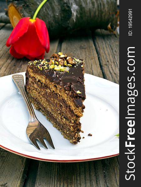 Piece homemade chocolate cake in a white plate and fork. Piece homemade chocolate cake in a white plate and fork