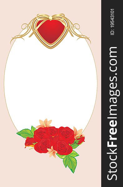 Red roses with heart in the decorative frame