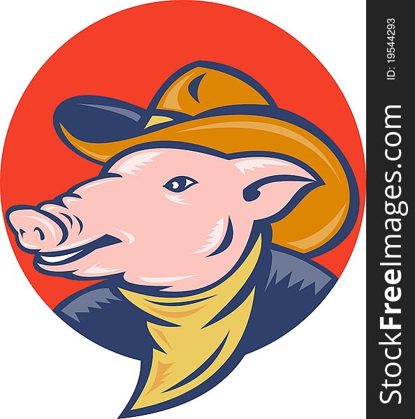 Illustration of a pig with cowboy hat and bandana set inside a circle done in retro style. Illustration of a pig with cowboy hat and bandana set inside a circle done in retro style.